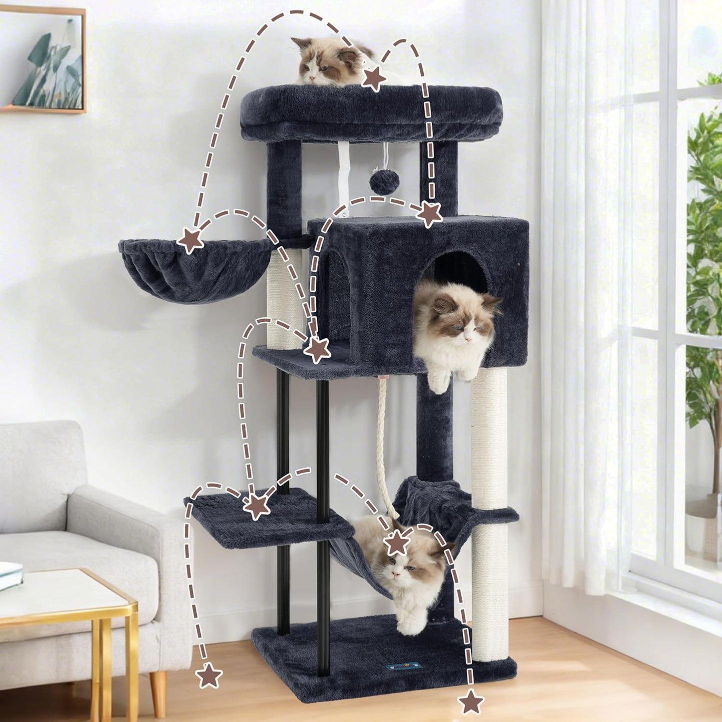 Gitelsnour Cat Tree, Cat Tower for Indoor Cats, 43.3 Inch Cat Tree Tower with Sturdy Steel Tube, Hammock, Cat Condo for Small Cats and Kittens, Scratching Post, Smoky Gray GCT004SG
