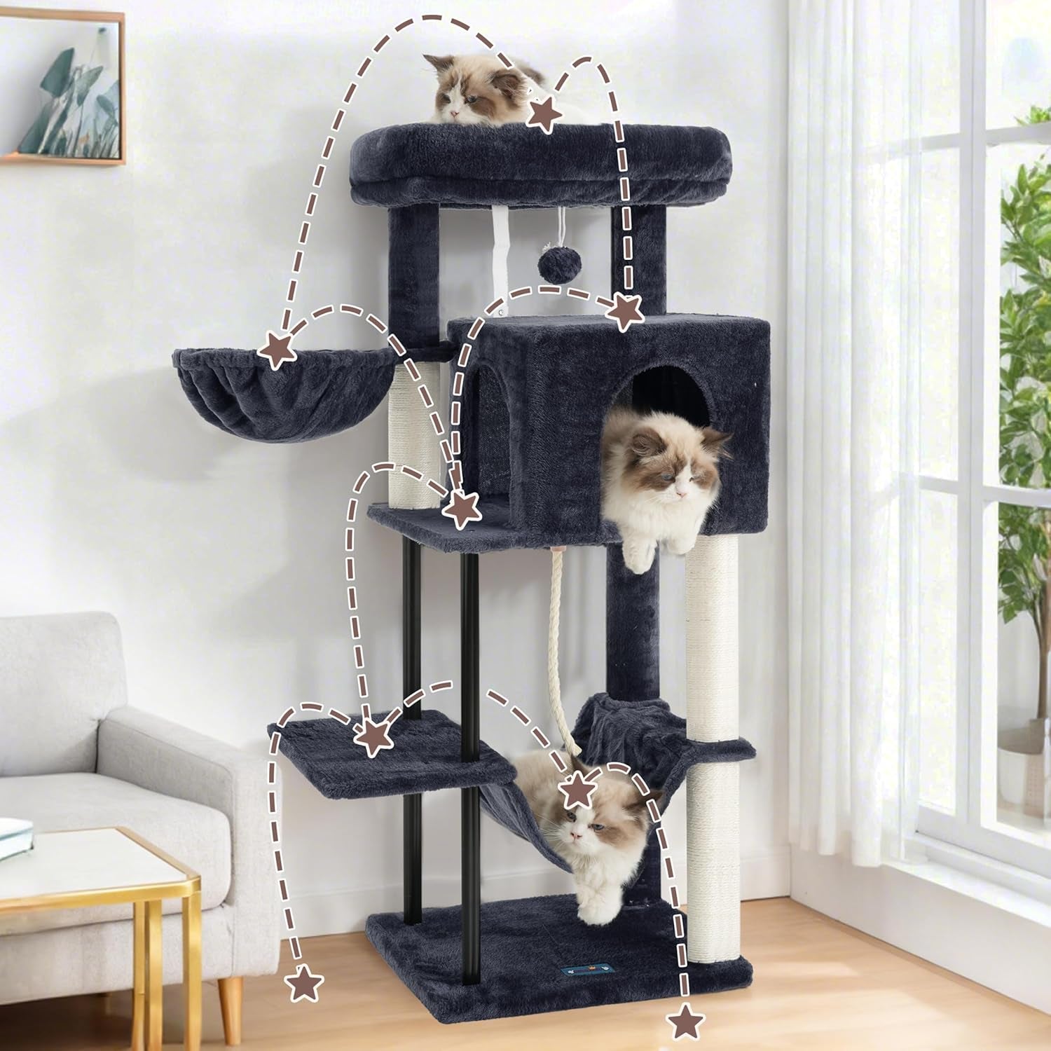 Gitelsnour Cat Tree, Cat Tower for Indoor Cats, 43.3 Inch Cat Tree Tower with Sturdy Steel Tube, Hammock, Cat Condo for Small Cats and Kittens, Scratching Post, Smoky Gray GCT004SG