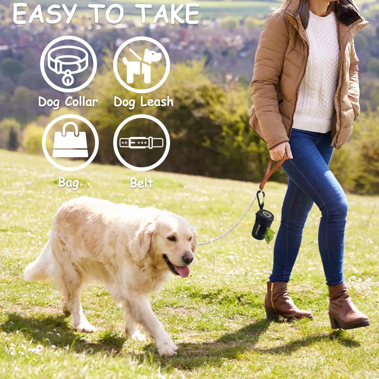 Dog Poop Bag Holder for Leash, Easy Release Doggie Poop Bag Dispenser, Fits Most Standard Poo Bags, Soft Fabric Dog Waste Bag Holder with Carabiner Clip, Compatible with All Leashes, Black