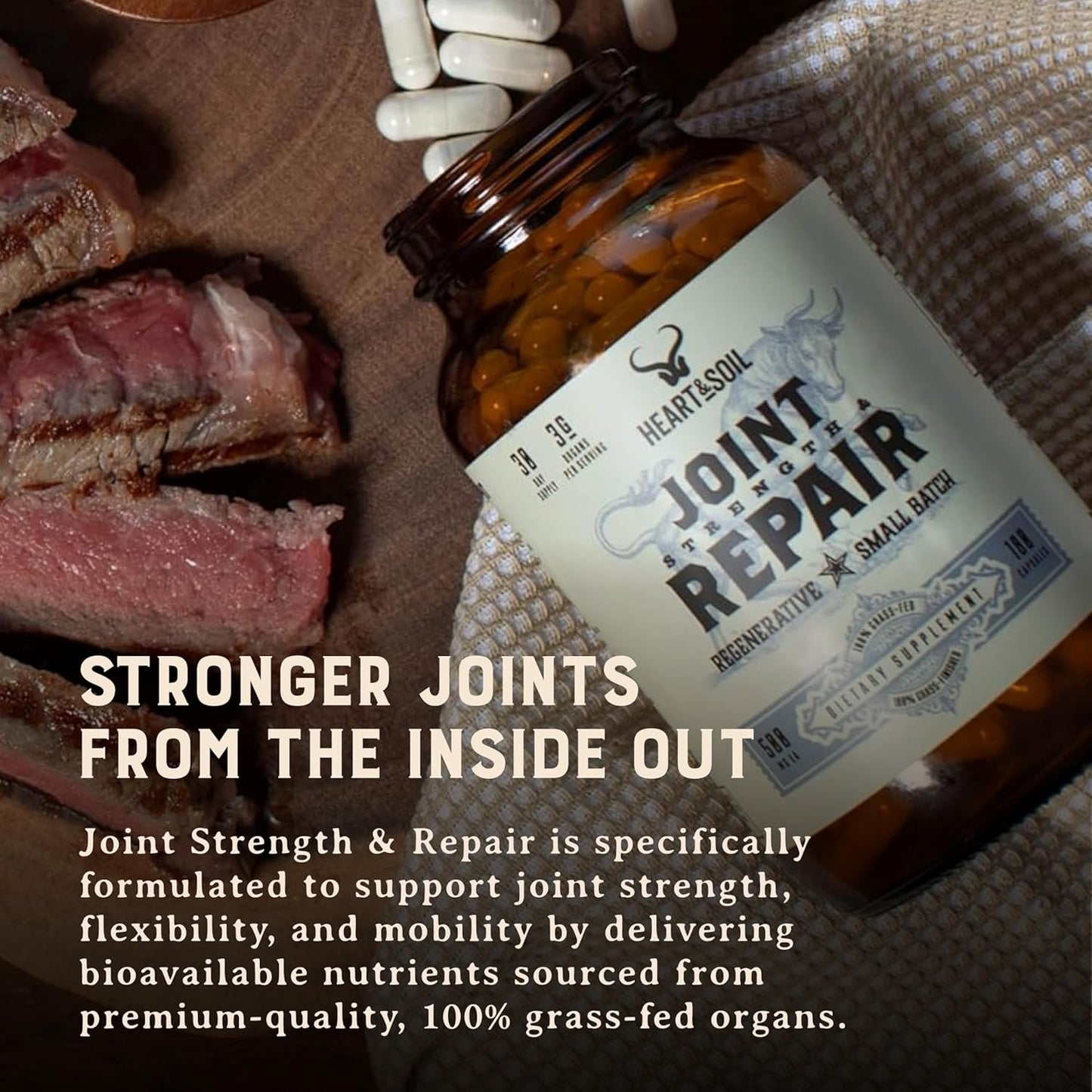 Heart & Soil 100% Grass Fed & Finished Joint Support Supplement from Regenerative Cattle with Trachea, Scapula & Bone Marrow – Supports Joint Strength & Mobility – 3000Mg – Glass Bottle – 180 Capsules