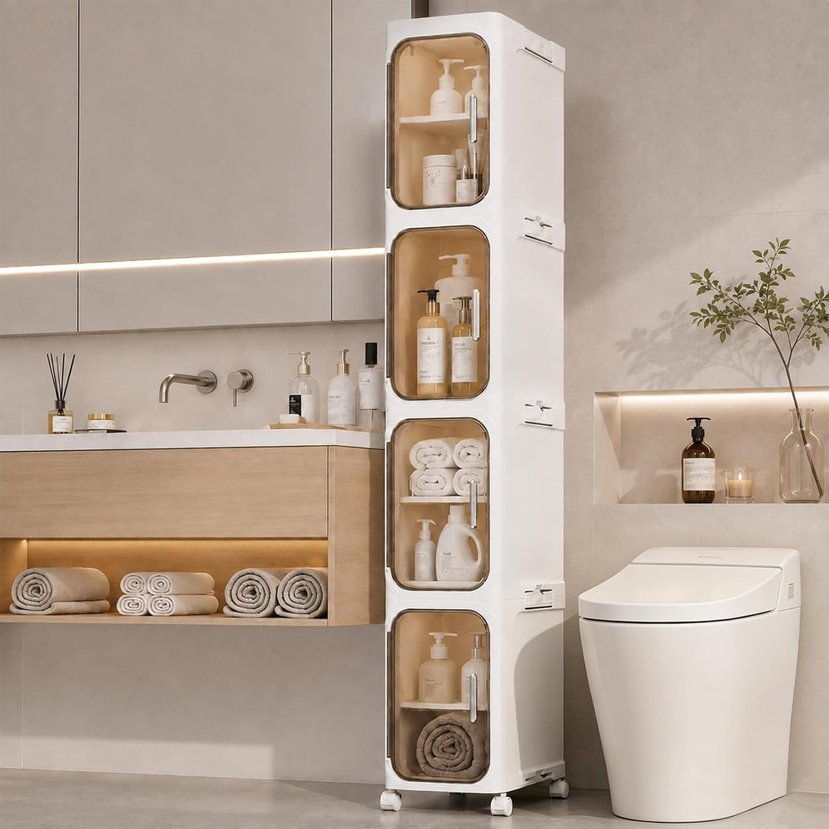 4-Tier Slim Bathroom Storage Cabinet, Tall Narrow Storage Cabinet with Movable Wheels, Adjustable Shelves, Skinny Bathroom Storage Organizer for Small Space, Bathroom, Kitchen, Laundry, Cream White