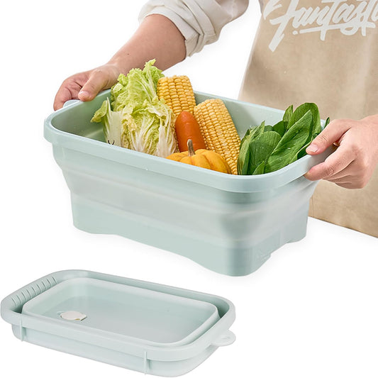Collapsible Dish Pans, 2Gal (7.5L) Capacity, Plastic Dish Tub Dishpan for Kitchen Sink with Drainage Hole, Foldable Small Wash Basin for Kitchen, Camping, Travel (Green)
