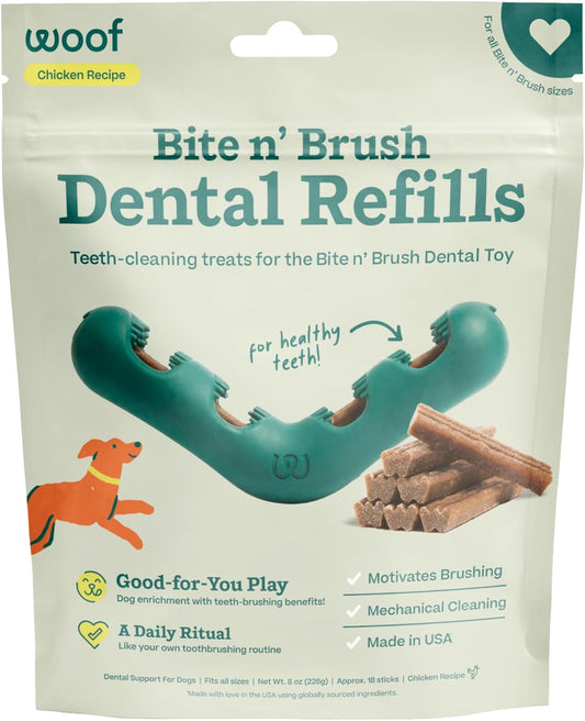 WOOF Bite N' Brush Dog Dental Stick Refills for Chew Toy, Chicken, 18 Count