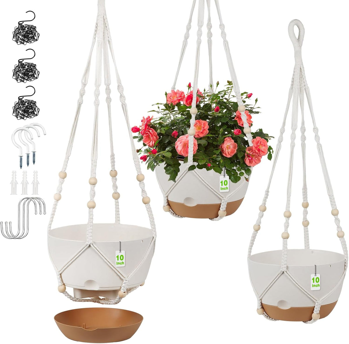 3 Pack Hanging Pot for Indoor Plants, 10Inch Self-Watering Hanging Planter, Macrame Plant Hanger with Pot, Metal Chain, S & Ceiling Hooks, Removable Saucer and Drainage Holes for Garden Home - White