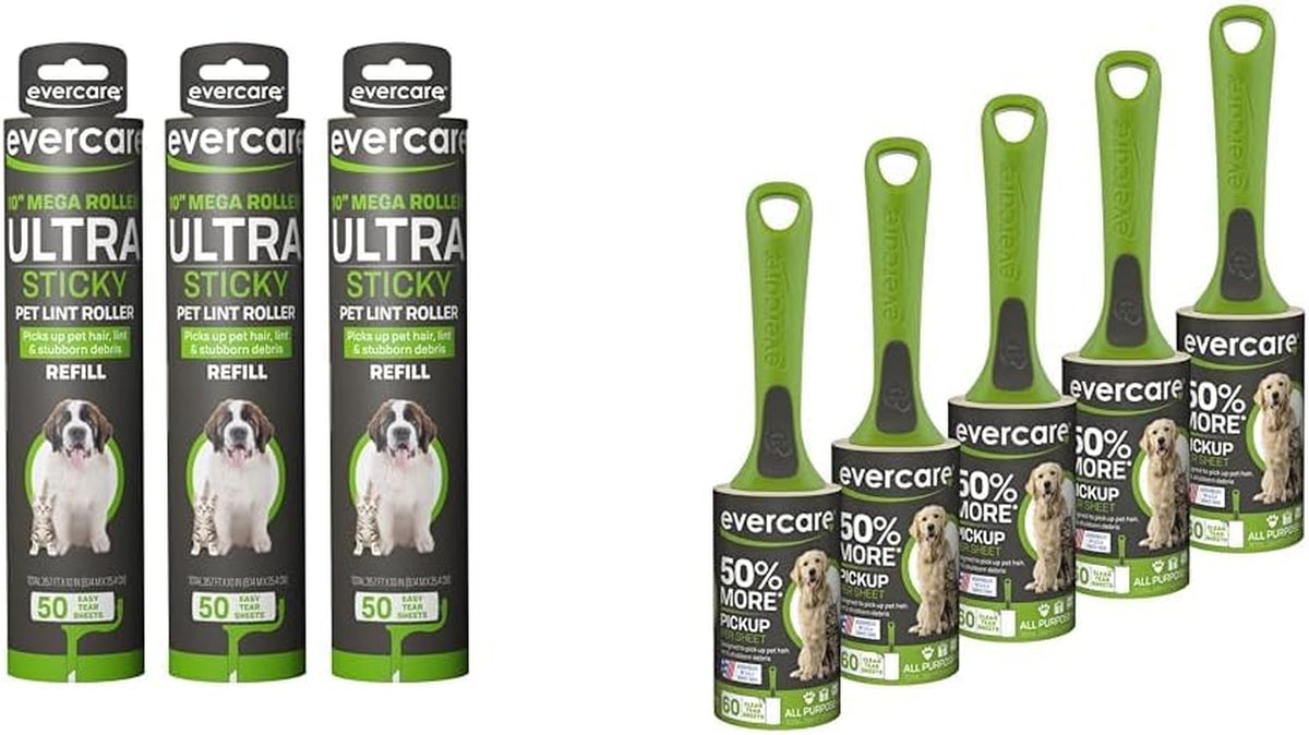 Evercare All-Purpose Pet Mega Oversized Lint Roller Refills, Green, 3-Pack (150 Sheets) & Value Pack of 5 All Purpose Stick Pet Hair Lint Rollers, 60 Sheets Each, Total 300 Sheet,Green
