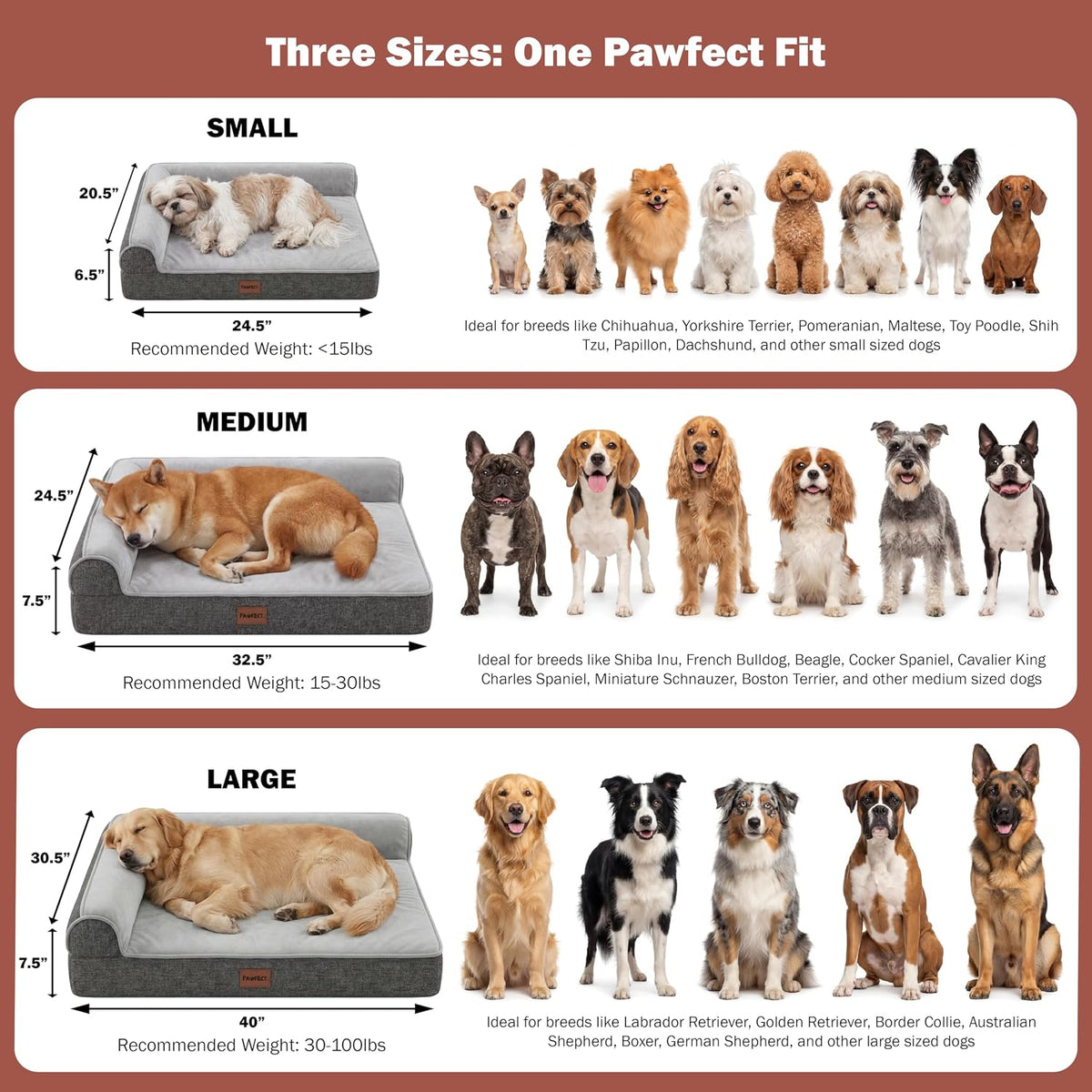 Pawfect Orthopedic Dog Bed for Small, Medium & Large Dogs, Memory Foam Pet Bed with 3 Waterproof Covers, Washable Removable Velvet Cover, Supportive Bolsters, Non-Slip Base (Large: 40"X30.5"X7.5")