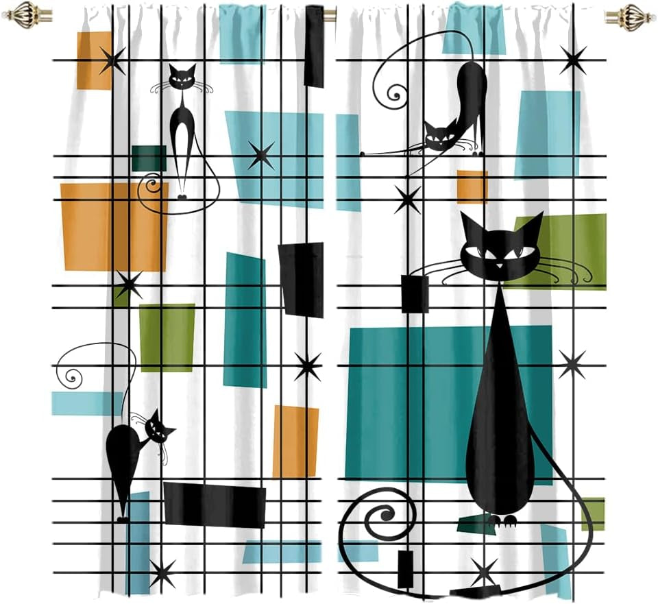 Modern Mid Century Black Cat Blackout Curtains,Abstract Rainbow Colorful Geometric Rhombus Print Window Treatments Rod Pocket Thermal Insulated Blackout Curtains for Bedroom-2 Panels 45"L X 21"W