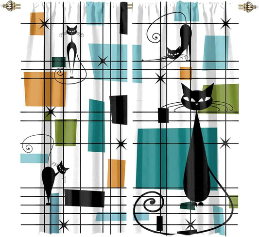 Modern Mid Century Black Cat Blackout Curtains,Abstract Rainbow Colorful Geometric Rhombus Print Window Treatments Rod Pocket Thermal Insulated Blackout Curtains for Bedroom-2 Panels 45"L X 21"W