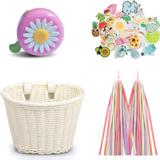 Kid'S Bicycle Basket,Colored Tassels Wicker Front Handlebar Bike Basket Handlebar with Streamers Bell and Stickers,Bicycle Decoration for Girls and Boys