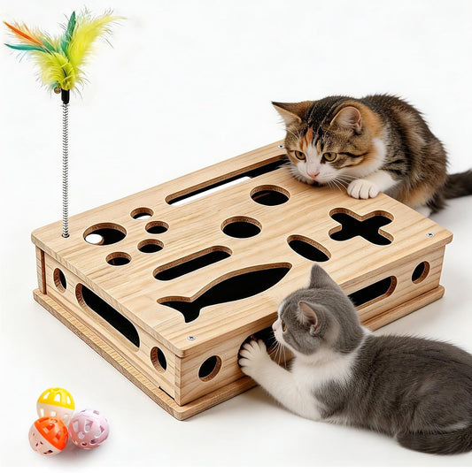 Cat Scratch Puzzle Enrichment Box for Indoor, with 1 Wand & 3 Balls