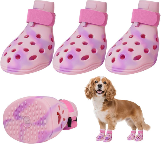 Tie-Dye Dog Shoes for Hot Pavement, Breathable Non-Slip Dog Sandals with Adjustable Strap, Summer Pet Footwear, Indoor Outdoor Paw Protector Booties for Small Medium & Large Dogs, 4PCS (Pink M)
