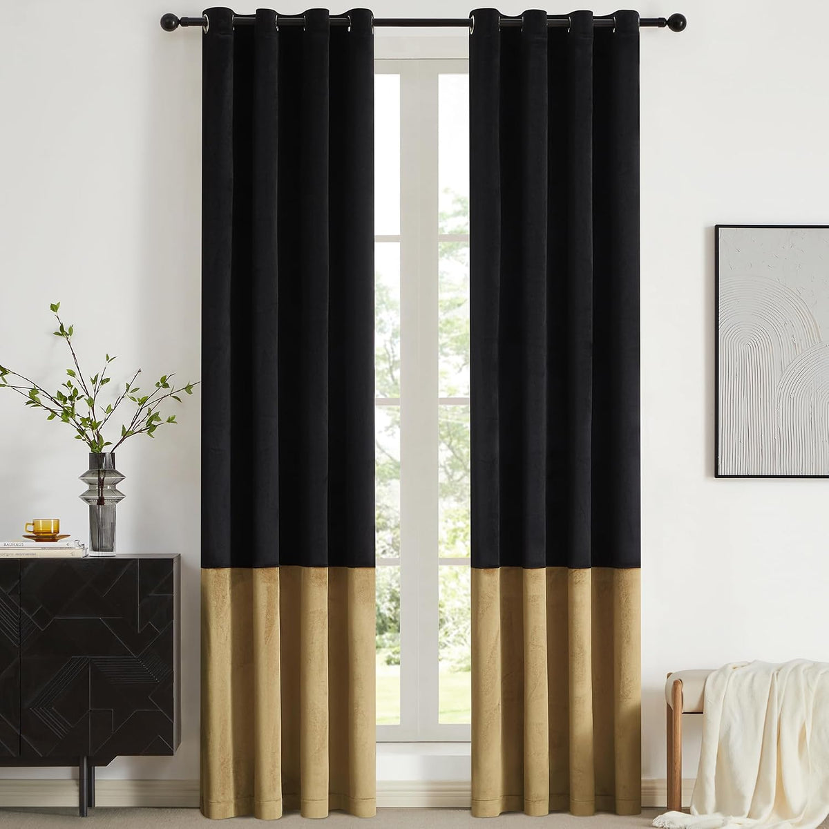 Black Gold Velvet Blackout Curtains Luxury Decor 84 Inches,Color Block