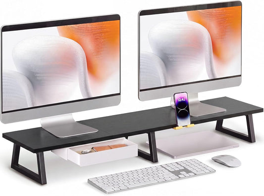 TEAMIX 42 Inch Dual Monitor Stand Riser with Storage Drawer for Desk, Black