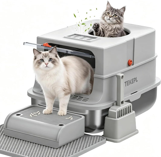 XL Stainless Steel Cat Litter Box with Lid Scoop, Pedal,Mat Grey