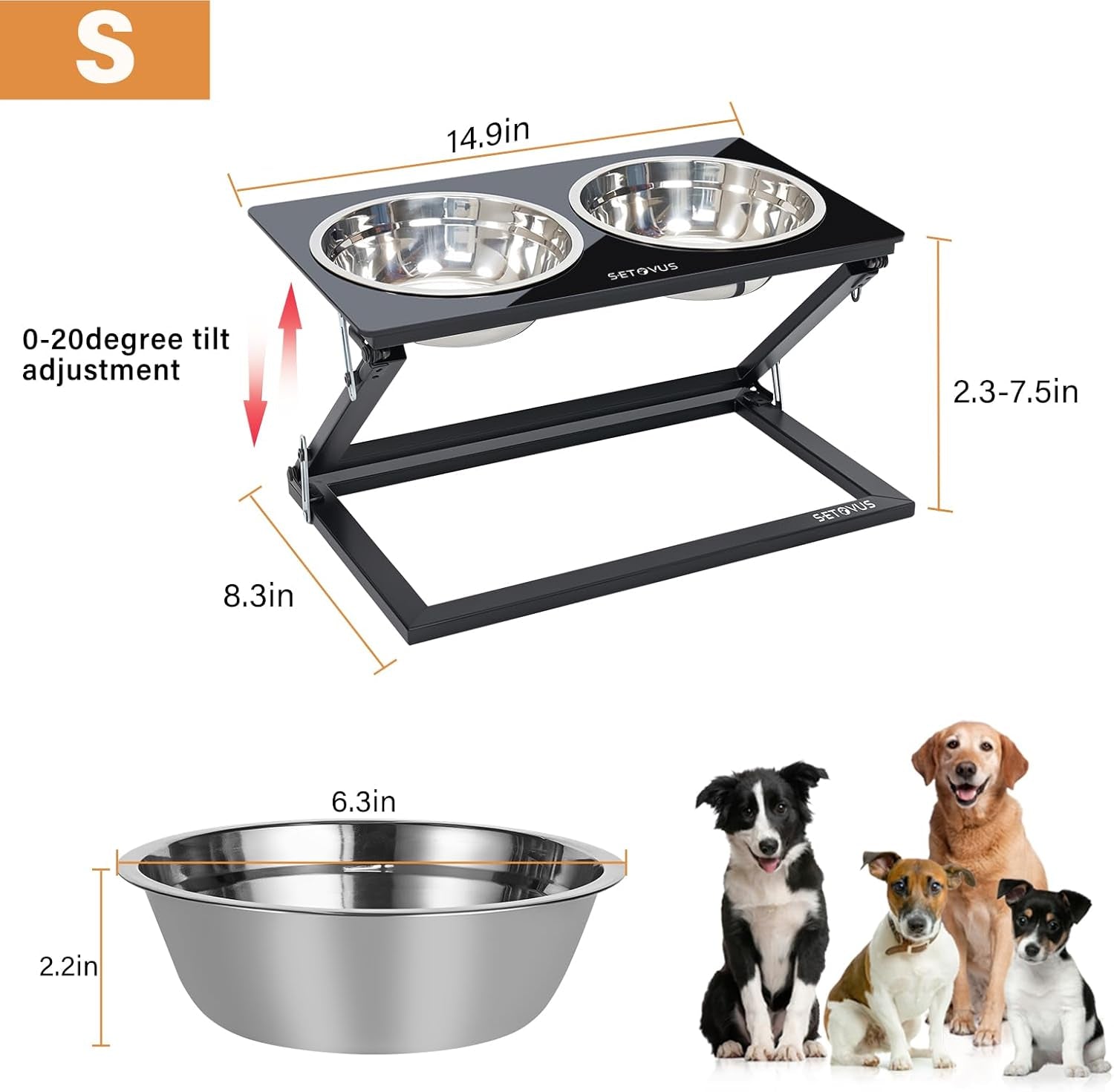 Elevated Dog Bowls, Adjustable Raised Dog Bowl Stand with 2 Stainless Steel Food Bowls 20°Tilted Water Bowls for Small Sized Dogs and Cats (Black, Small)