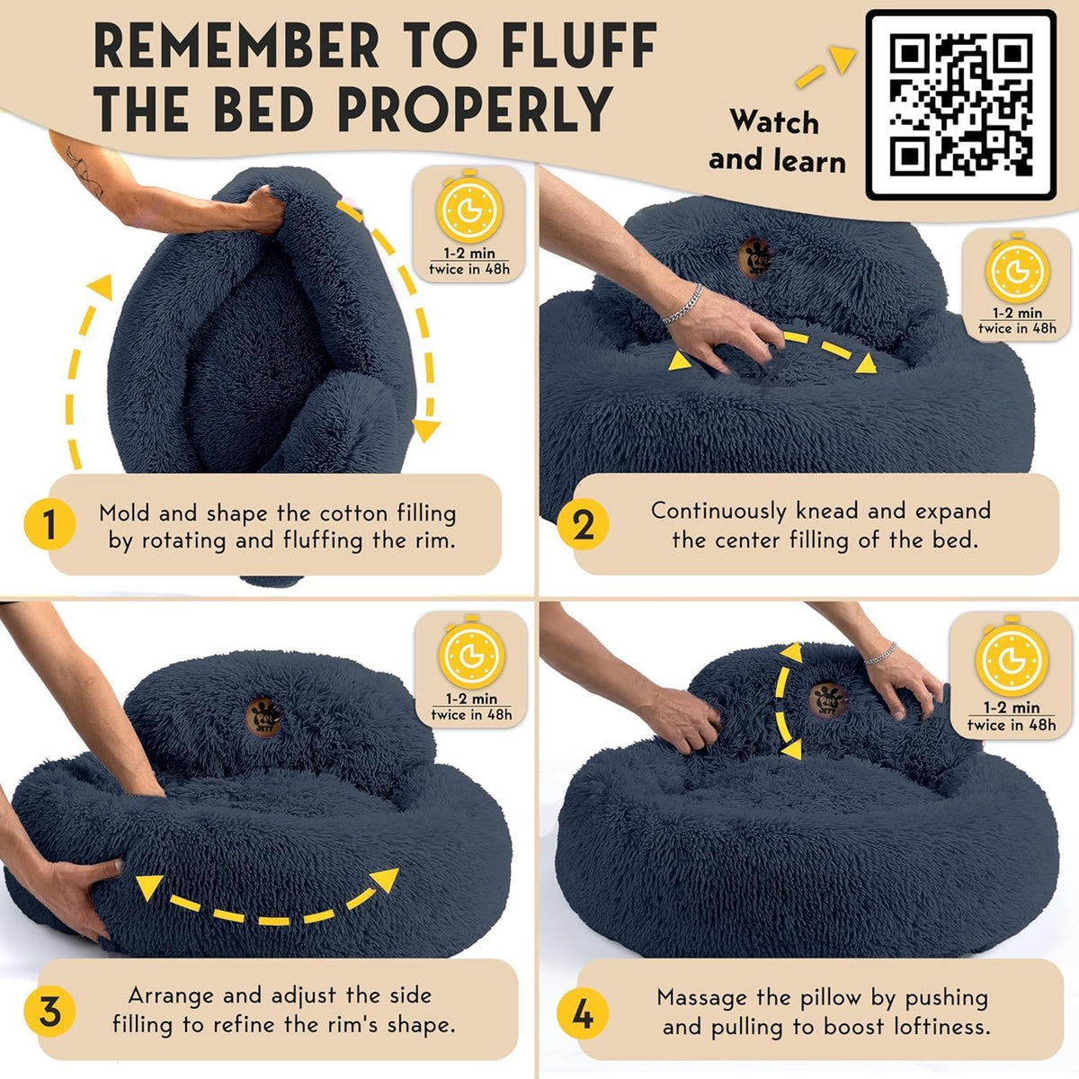 Petjett Calming Dog Bed Medium Size Dog - 30'' Donut Bed, Washable Dog Bed - Anti-Slip & Super Soft Fluffy Plush round Dog Bed, Anti-Anxiety Premium Comfort Pet Bed, Fits Dogs Upto 45 Lbs - Dark Grey