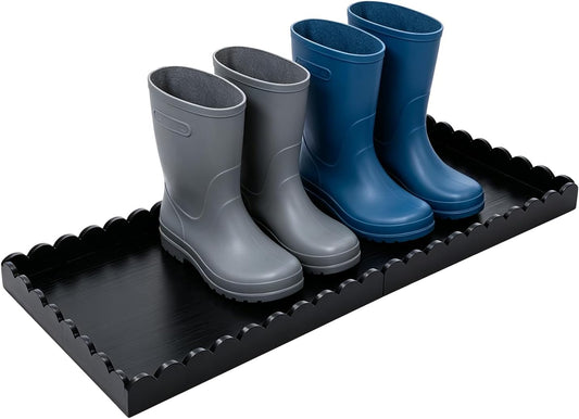 34" Wooden Boot Tray for Entryway, Foldable Scalloped Shoe Tray, Waterproof