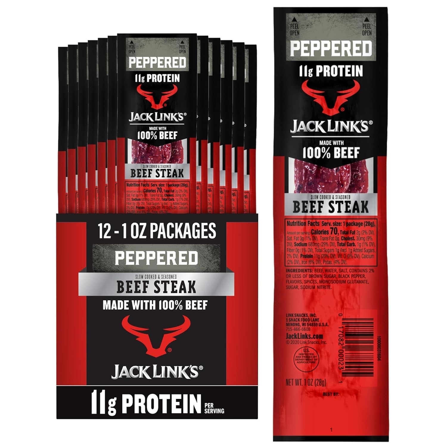 Jack Link'S Peppered Beef Jerky Steaks - Ready to Eat Real Meat Protein Snacks - 11G Protein per Serving - Made with 100% Real Beef - (12 Pack) 1 Oz Meat Snacks
