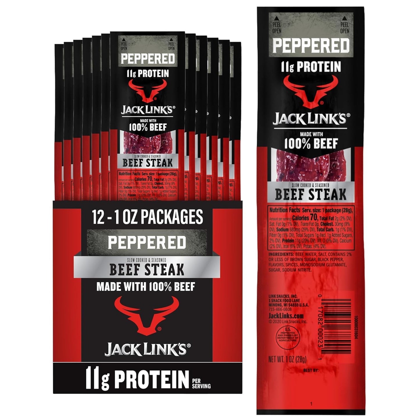 Jack Link'S Peppered Beef Jerky Steaks - Ready to Eat Real Meat Protein Snacks - 11G Protein per Serving - Made with 100% Real Beef - (12 Pack) 1 Oz Meat Snacks