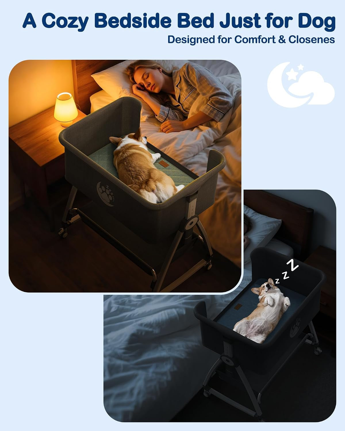Bedside Dog Bed,6-Height Adjustable Pet Bassinet for Medium & Large Dogs