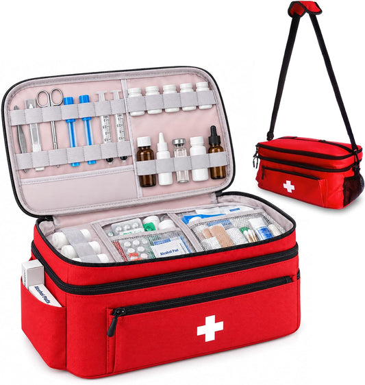 First Aid Bag Empty 16X8.3X7 Inch with Adjustable Shoulder Strap, Medical Organizer for Pet First Aid Kits, Home Travel Camping Emergency Supplies Storage (Red)