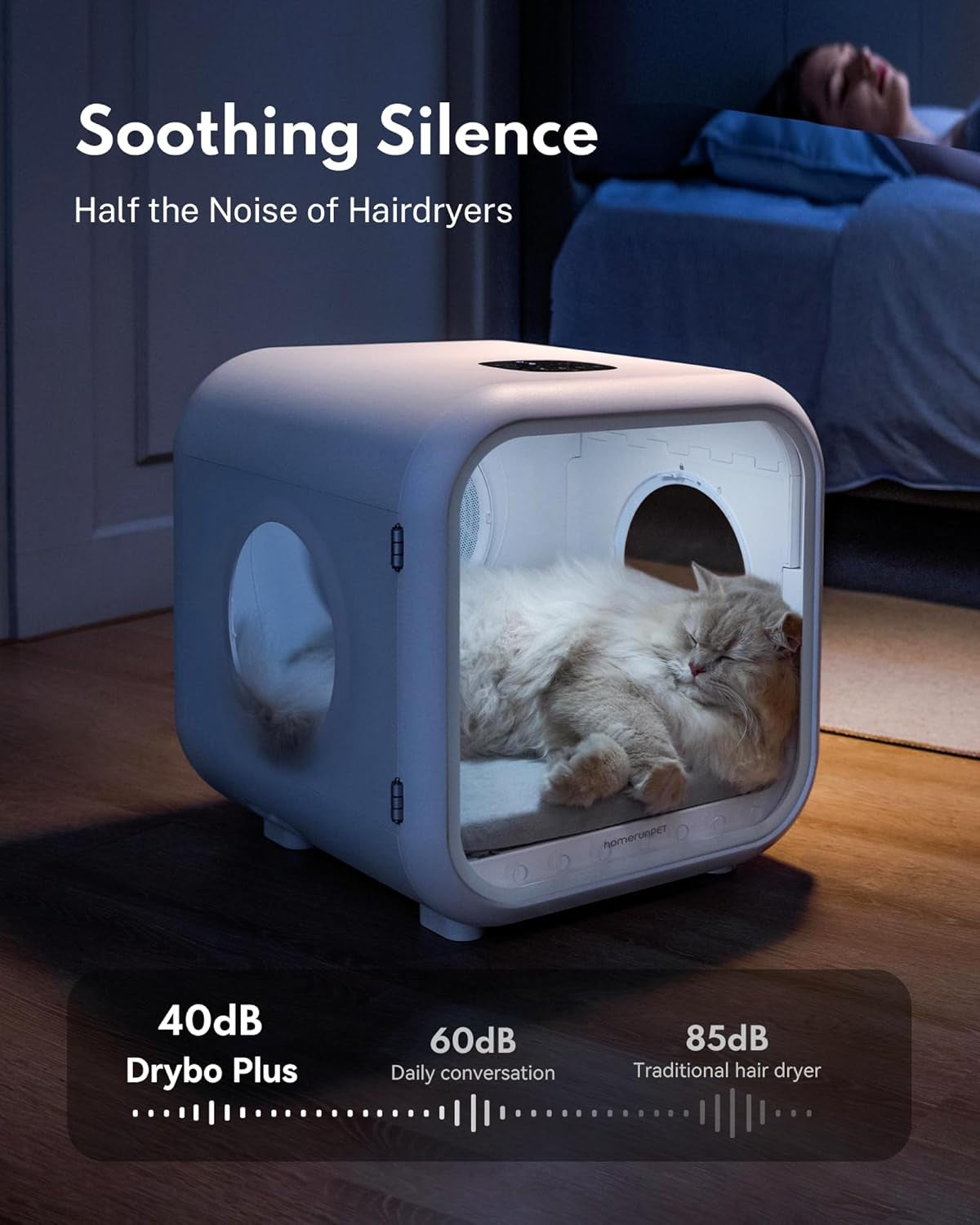 Homerunpet Cat Dryer, Ultra Quiet, Patented Fresh Air Ventilation, Smart Temperature Control, Safe 360° Even Drying Pet Dryer Box for Cats & Small Dogs (50L Drybo Plus)