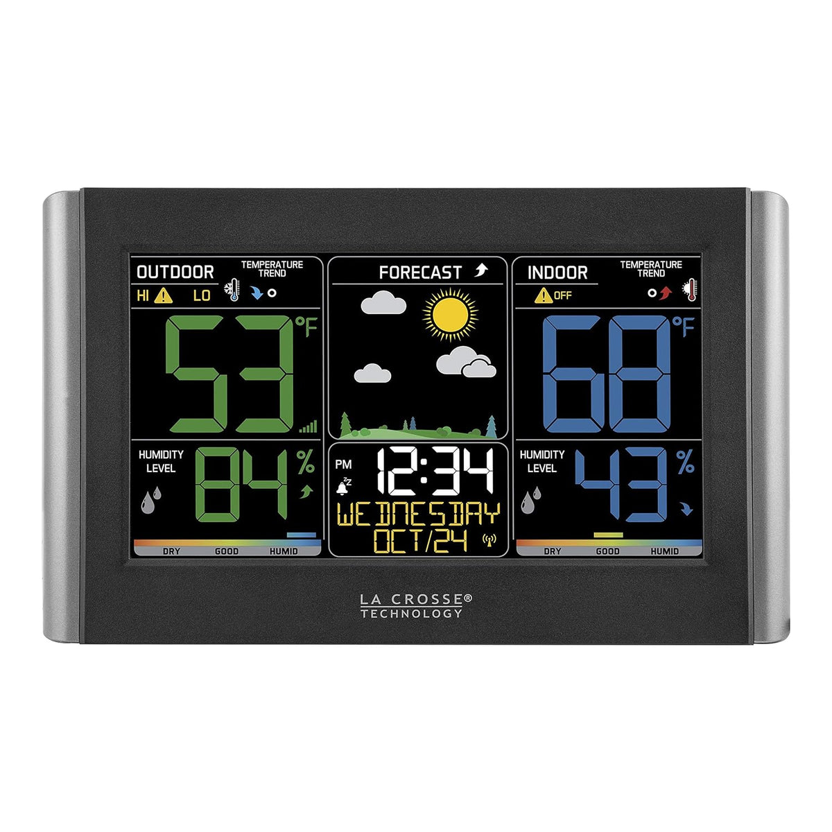 La Crosse Technology Weather Station with Customizable Alerts, Weather Forecast, Temperature, Dew Point, Humidity, Time, Heat Index, Large Display, Adjustable Brightness, Wireless, Black, C85845-INT