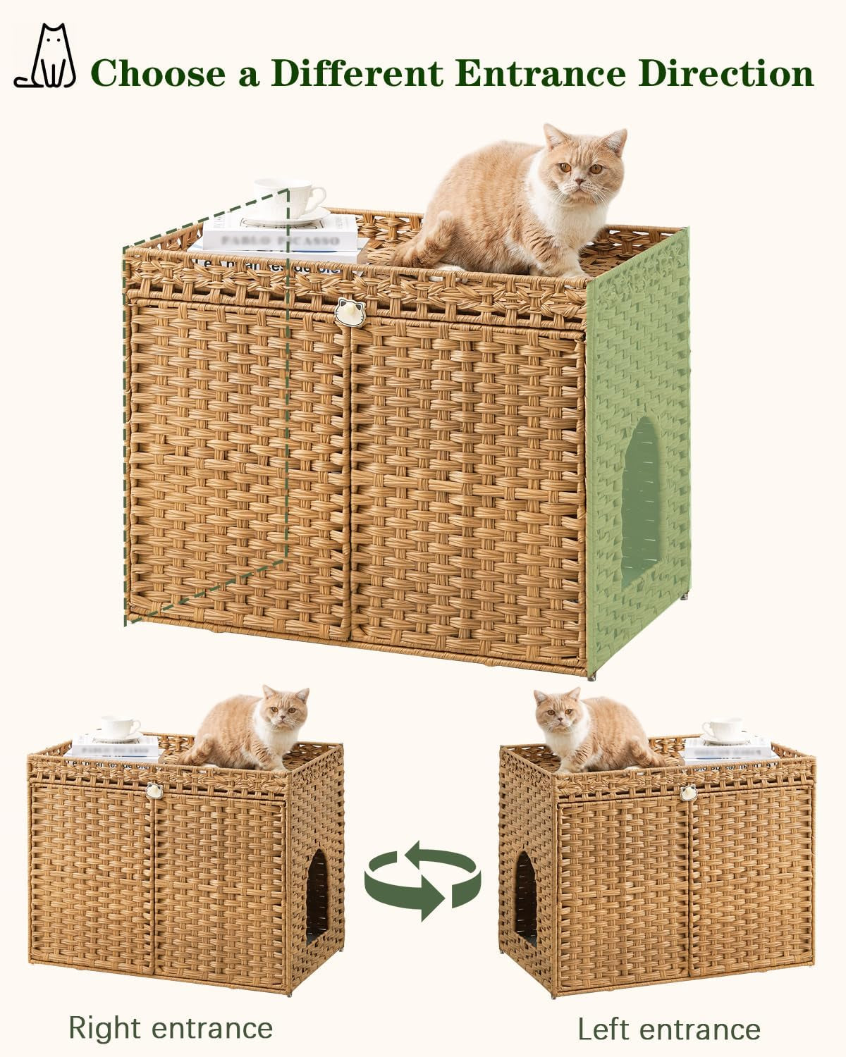 SETVSON Cat Litter Box Enclosure Furniture, Handwoven Rattan Hidden Litter Box with Mat, Large Space Cat House with 2 S-Shaped Hooks 30.3 X 18.3 X 24.4 Inches, Indoor for Living Room Apartment Natural