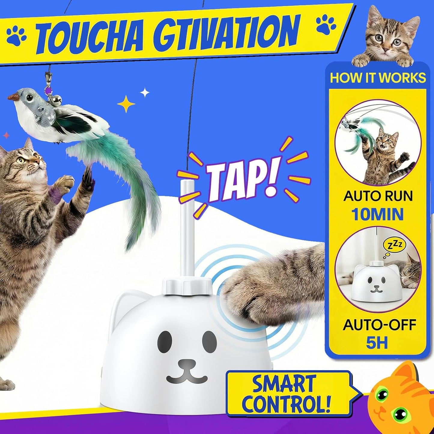 CATPICK Interactive Cat Toys for Indoor Cats - Automatic Flying Bird Feather Toy, Rechargeable Electric Cat Wand with Sticky Suction Base, Smart Motion Activated Self-Play Enrichment Toy for Bored Cat