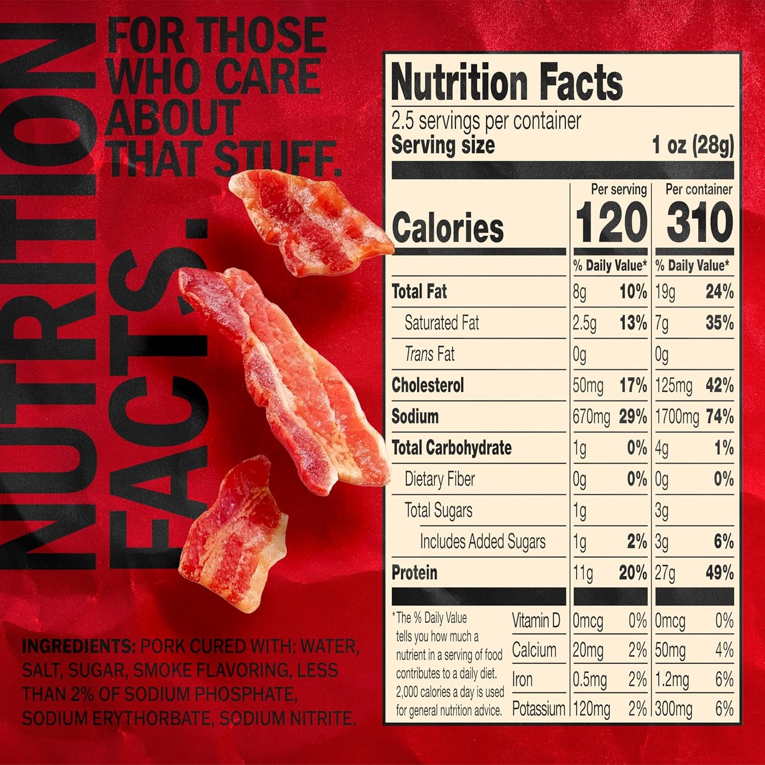 Jack Link'S Hickory Smoked Bacon Jerky - 2.5 Oz Bag - Ready to Eat Real Meat Protein Snacks - 11G Protein per Serving - Made with 100% Thick Cut Real Bacon