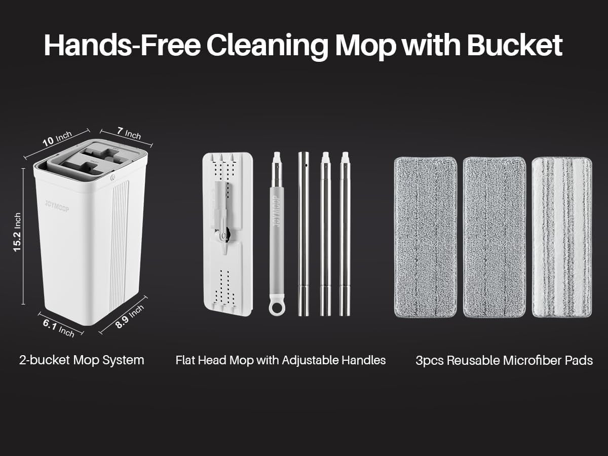 JOYMOOP Mop and Bucket Set for Home and Commercial Use, Flat Mop System with 3 Reusable Microfiber Pads, Floor and Wall Cleaner