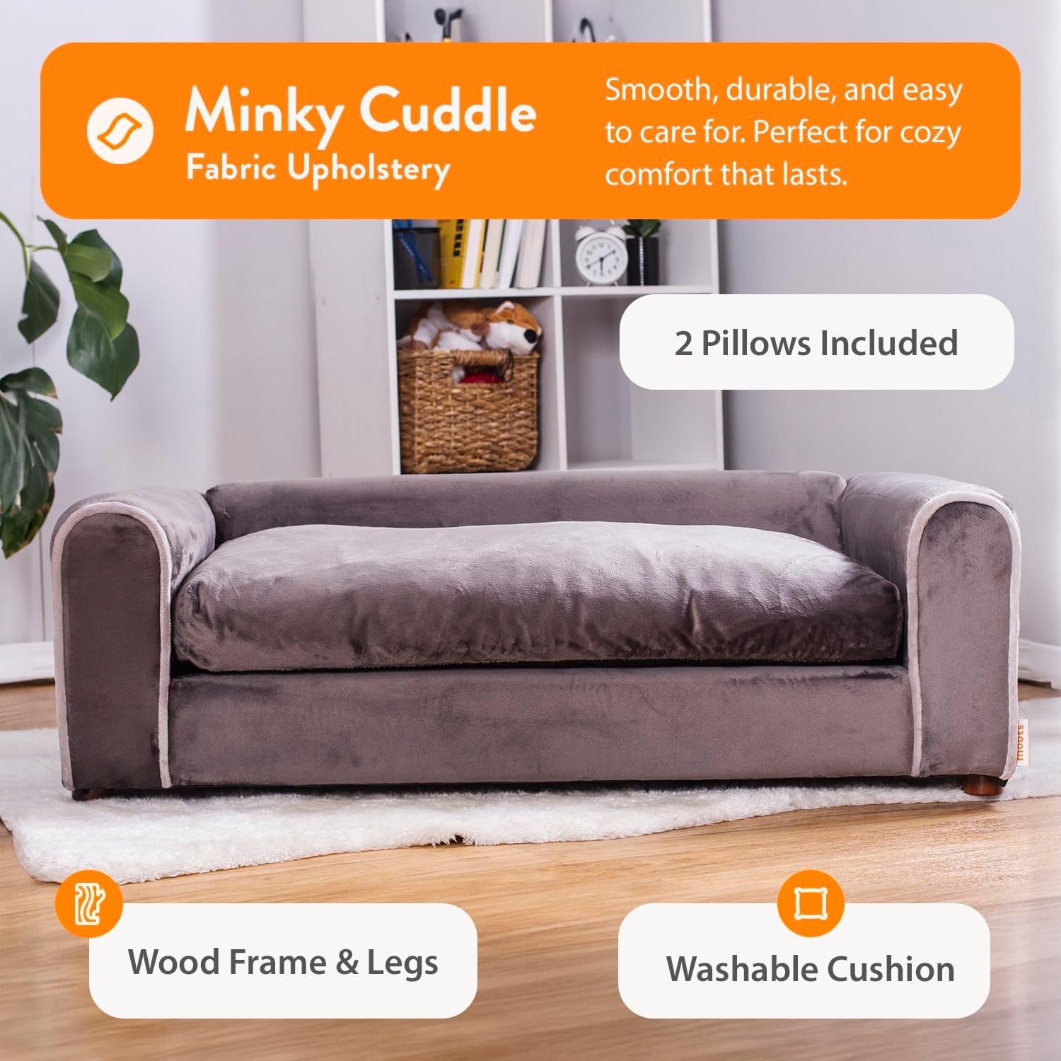 Moots Furry Pet Lounge, Pet Bed with 2 Pillows, Deluxe Sofa for Dogs, Easy to Coordinate, Stylish and Cleanable Dog Sofa, Couch - Charcoal, Large