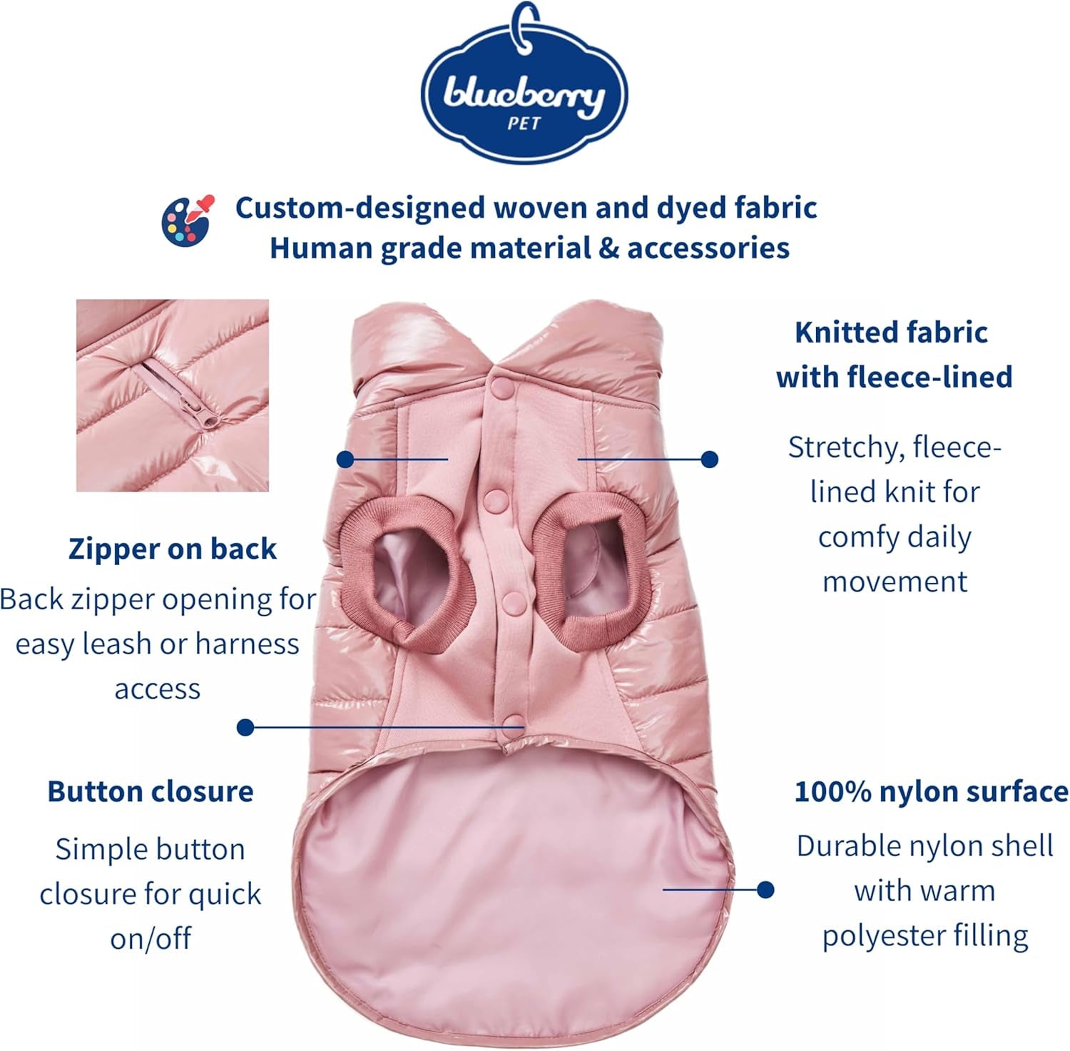 Blueberry Pet Windproof Quilted Winter Jacket – Cozy Mauve Pink Puffer Coat for Medium Dogs, Size 18 (18.5" Back Length), Glossy Warm Outdoor Wear with Easy On/Off Design