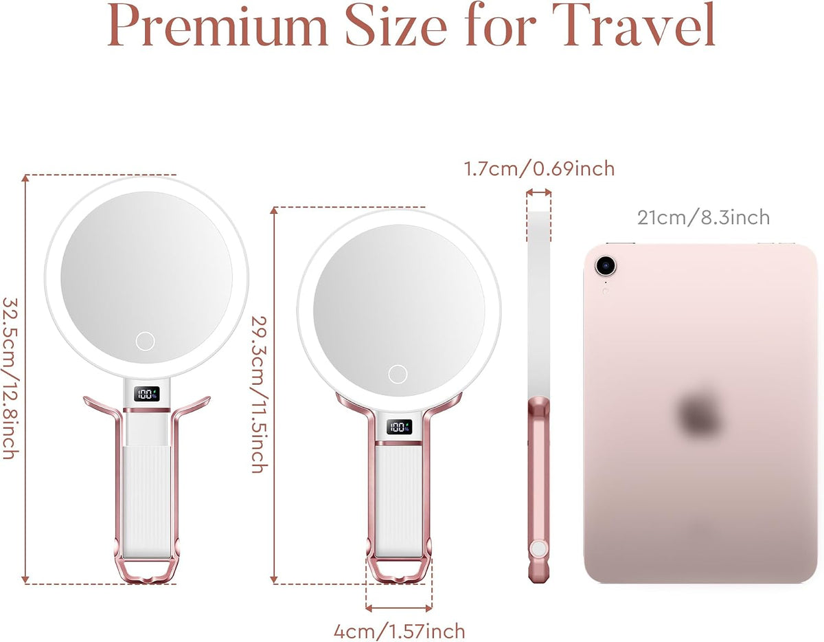 MIYADIVA Travel Makeup Mirror with Lights, Height Adjustable 30X/1X Double-Sided Magnifying Mirror, Portable Vanity Mirror with Digital Display & Phone Holder, Handheld Tabletop Hanging, Rose Gold