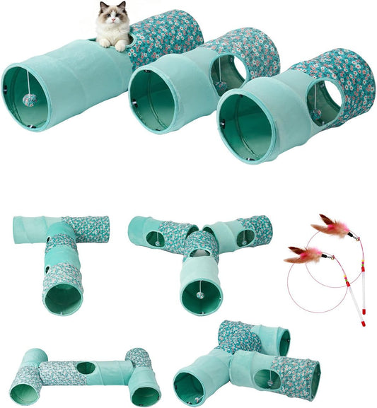 Cat Tunnel, 3 Straight Shaped Tunnels 6 DIY Shapes with Wand Toys, No Noise Scratch Resistant Cool Linen Fabric, Interactive Pet Tunnel Tube for Indoor Cats, Puppy and Rabbits