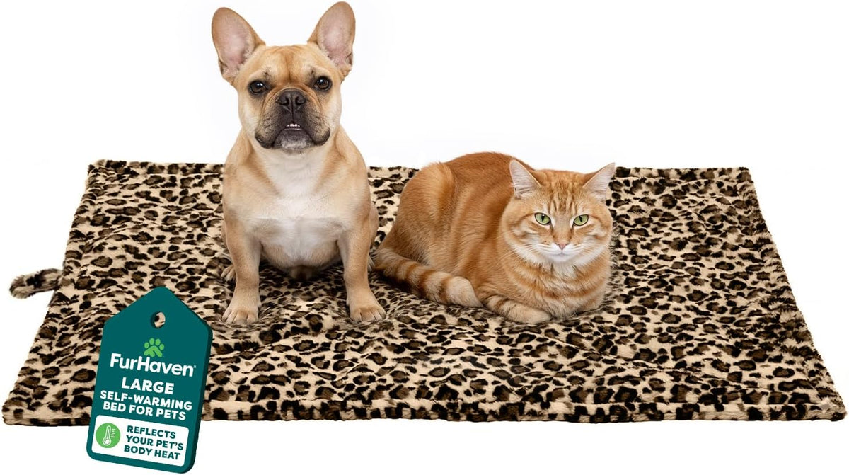 Furhaven Thermanap Self Warming Cat Mat & Dog Bed for Crates with Self-Warming Technology for Cozy Rest, Fully Machine Washable, Large, Quilted Faux Fur, Brown Leopard