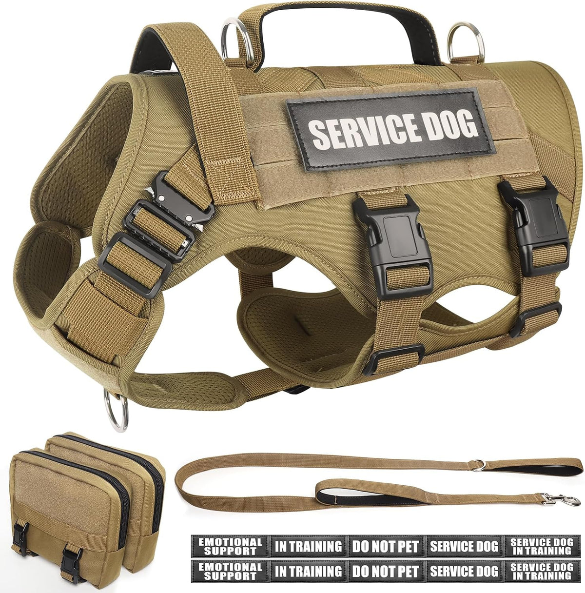 Tactical Dog Harness with Dog Leash, Service Working MOLLE Vest with 10 Pet Patches for Large Dog, No Pull Military Harness and Backpack for Training Hunting Walking
