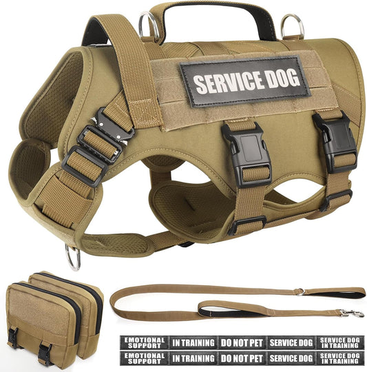 Tactical Dog Harness with Dog Leash, Service Working MOLLE Vest with 10 Pet Patches for Large Dog, No Pull Military Harness and Backpack for Training Hunting Walking