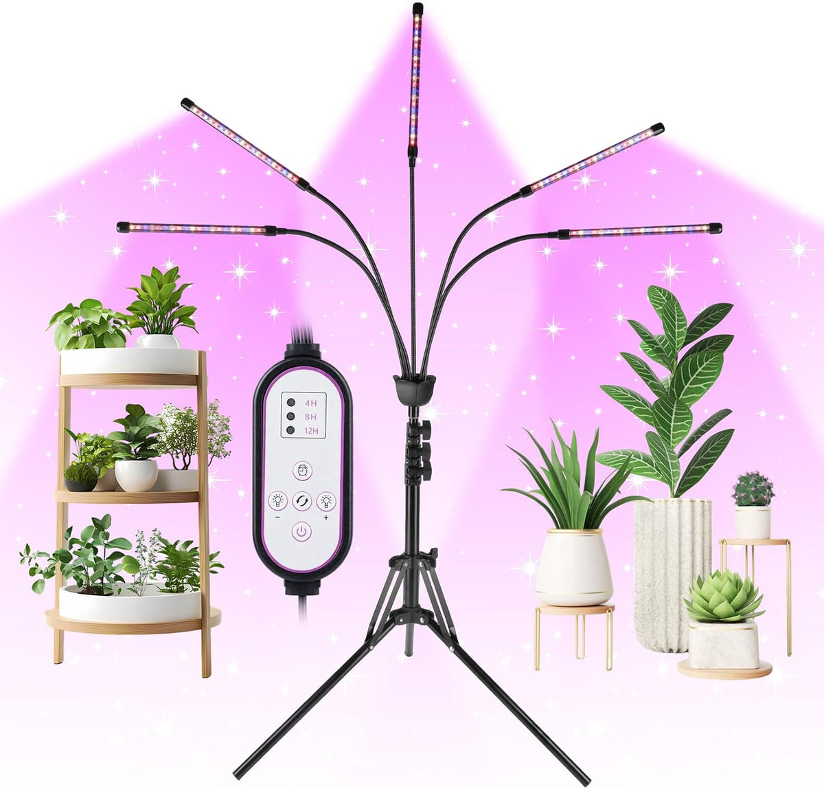 Grow Lights for Indoor Plants,5 Heads Red Blue White Full Spectrum Plant Light with 15-60" Adjustable Tripod Stand, Indoor Grow Lamp with Auto On/Off Timer Function