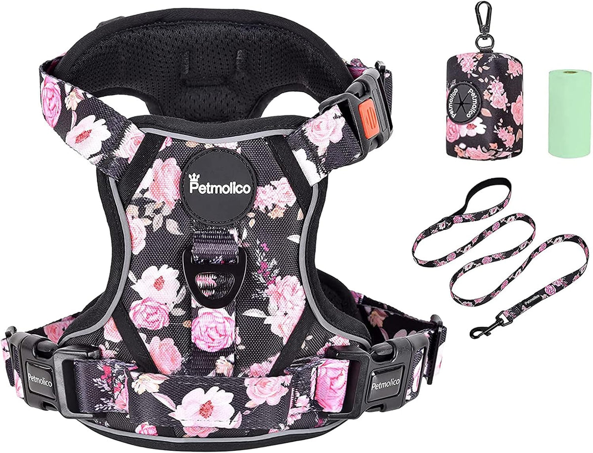 Petmolico No Pull Dog Harness Set with Leash Attachment Easy Control Handle Reflective Harness Vest Small Breed, Puppy Vest and Leash Set with Poop Bag Holder, Small - Pink Rose