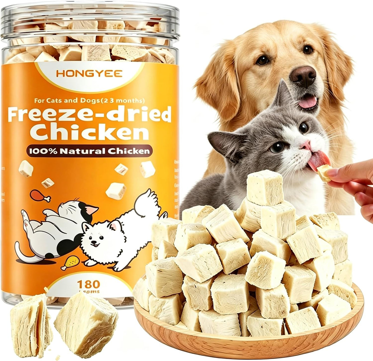 6.35Oz/180G Freeze-Dried Chicken Treats for Cats & Dogs, High Protein Single Ingredient, Grain-Free & No Artificial Additives, Healthy Pet Daily Food Companion & Training Reward Snacks