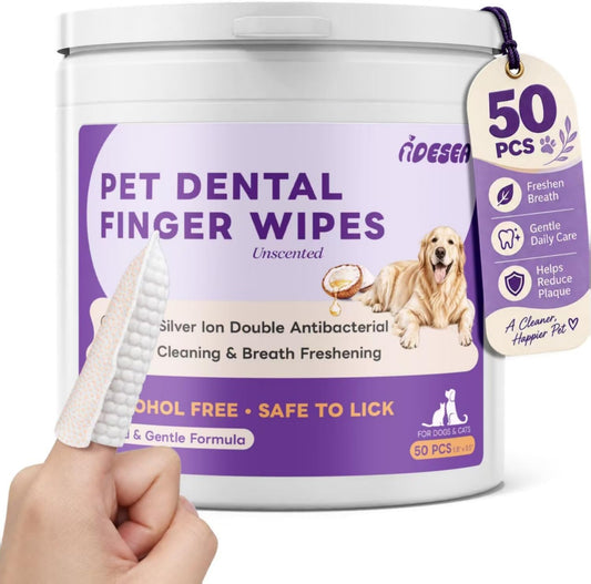 Dog & Cat Dental Finger Wipes, 3D Pearl-Patterned & Raised Dotted Dual-Sided Teeth Wipes, Reduce Bad Breath & Plaque Tartar, Alcohol-Free Gentle Formula, Flip-Top Design for Easy Access - Unscented