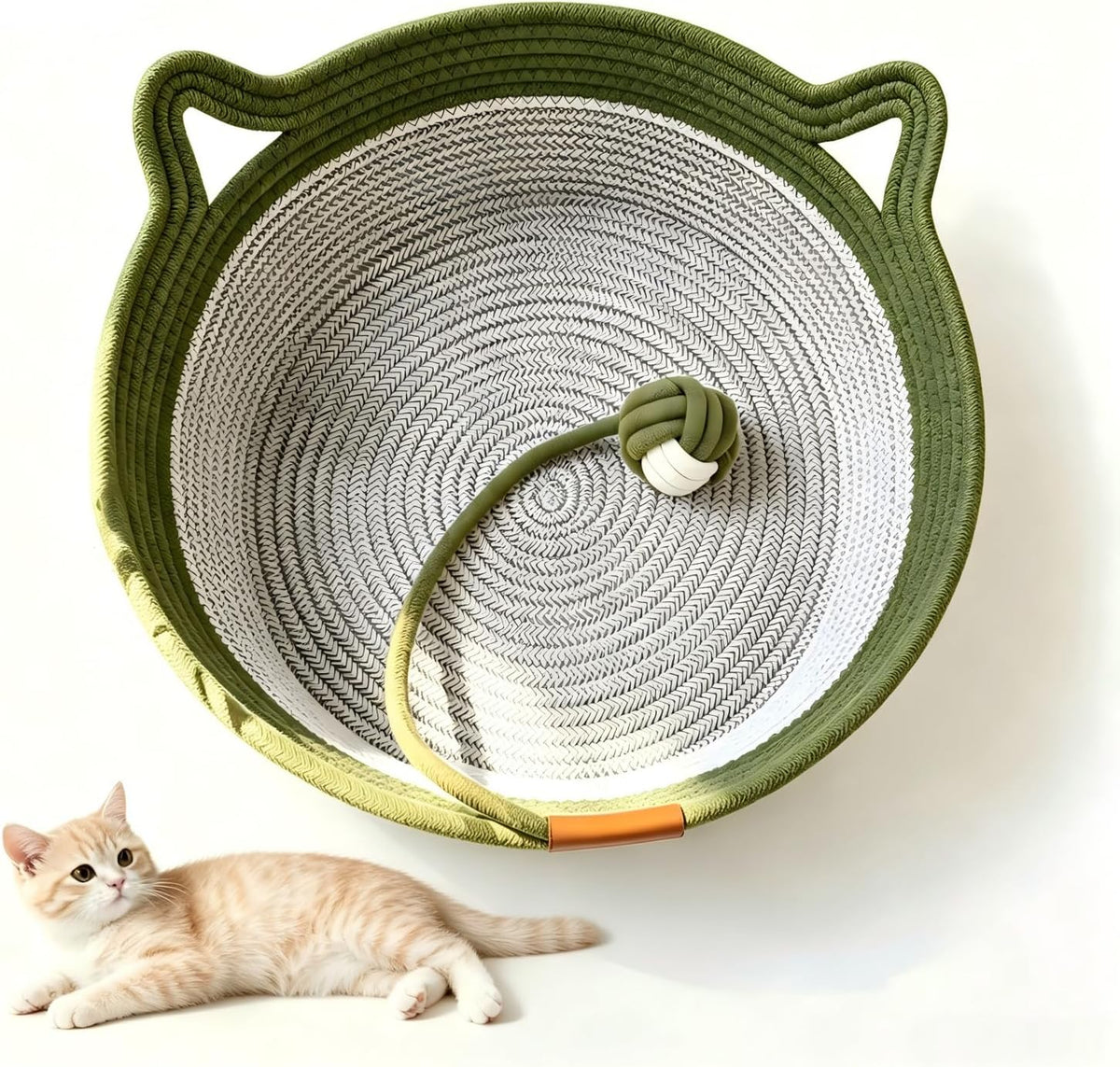 Handwoven Cotton Rope Cat Bed Basket, Foldable Cat Scratcher Basket, Large Green