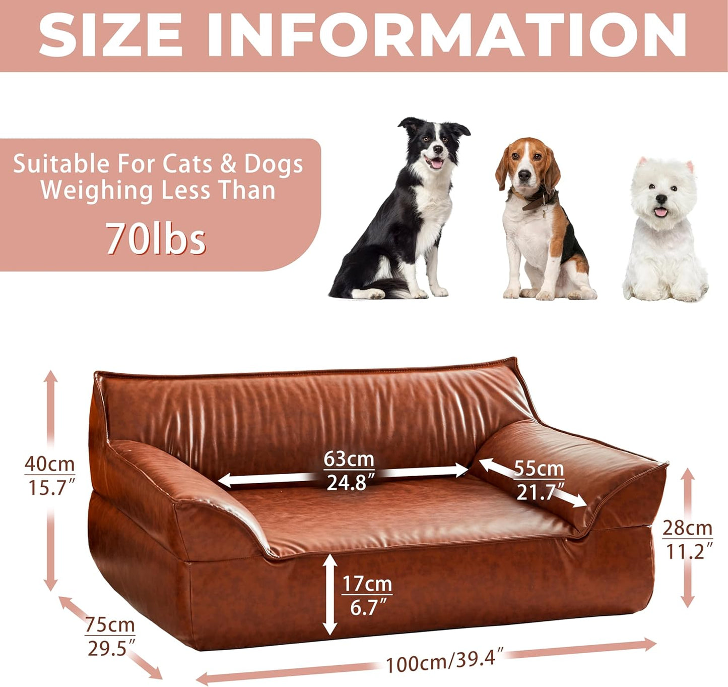Large Leather Dog Bed Couch for Large and Medium Dogs under 70 Lbs, Brown Luxurious Vintage Elevated Dog Sofa Chaise Indoor Furniture Style Pet Supplies Low Maintenance