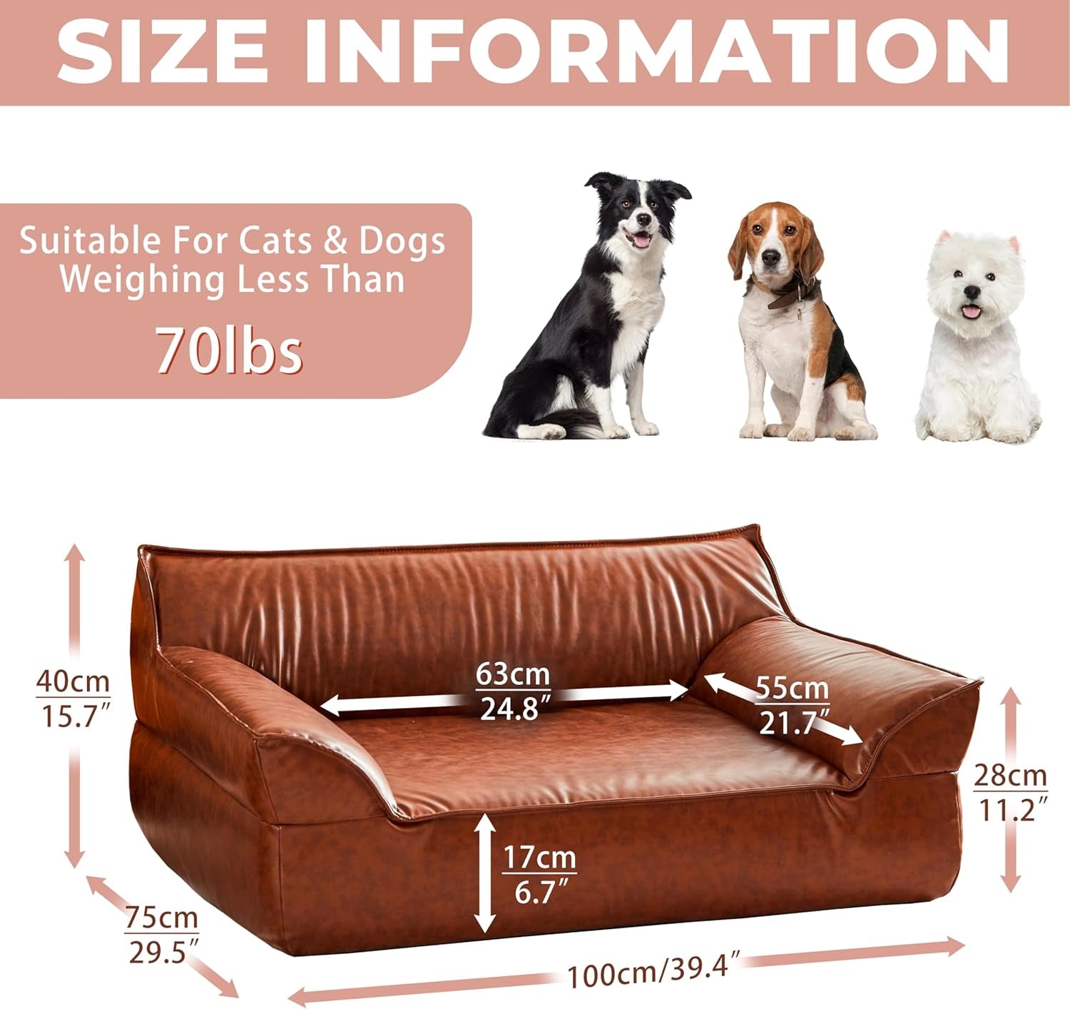 Large Leather Dog Bed Couch for Large and Medium Dogs under 70 Lbs, Brown Luxurious Vintage Elevated Dog Sofa Chaise Indoor Furniture Style Pet Supplies Low Maintenance
