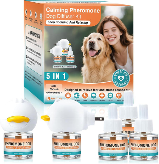 Dog Calming Pheromones Diffuser to Calm Pet 5 in 1 Advanced Kit Appeasing Pheromone Diffuser for Anxiety Relief (2 Plug In+3 Pack 48Ml Refill) Reduce Aggression Fighting Barking Stress (Tasteless)