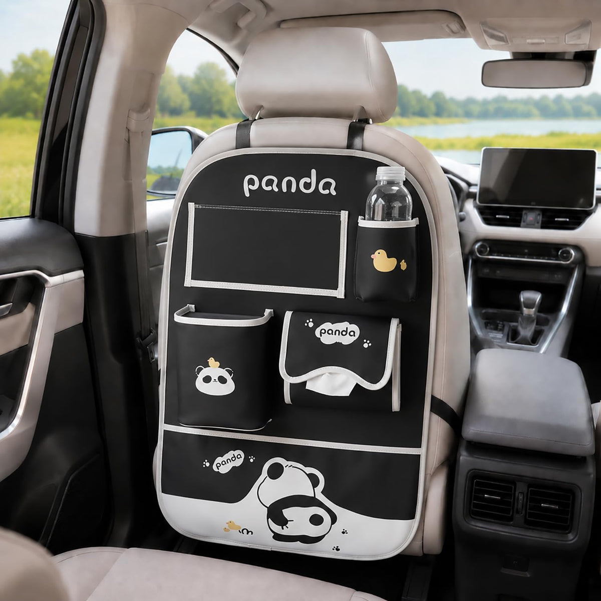 Car Seat Organizer with Storage Pockets for Women Drivers (Black Panda)