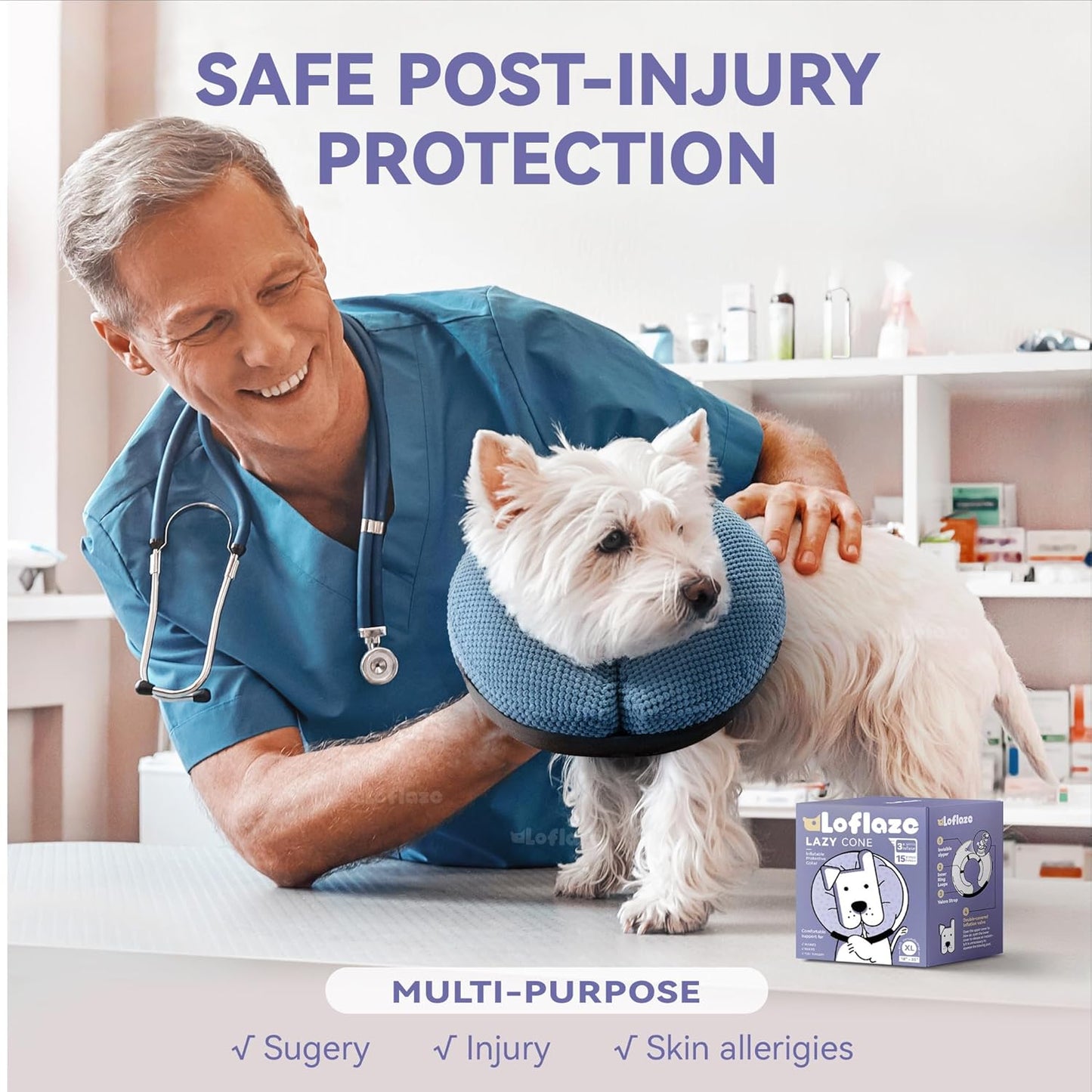 Loflaze Inflatable Dog Cone Collar - Dog Neck Donut Cone Collar Alternative after Surgery - Soft Cone for Large Medium Small Dogs Cats - Alternative Recovery E Collar (Blue, M)