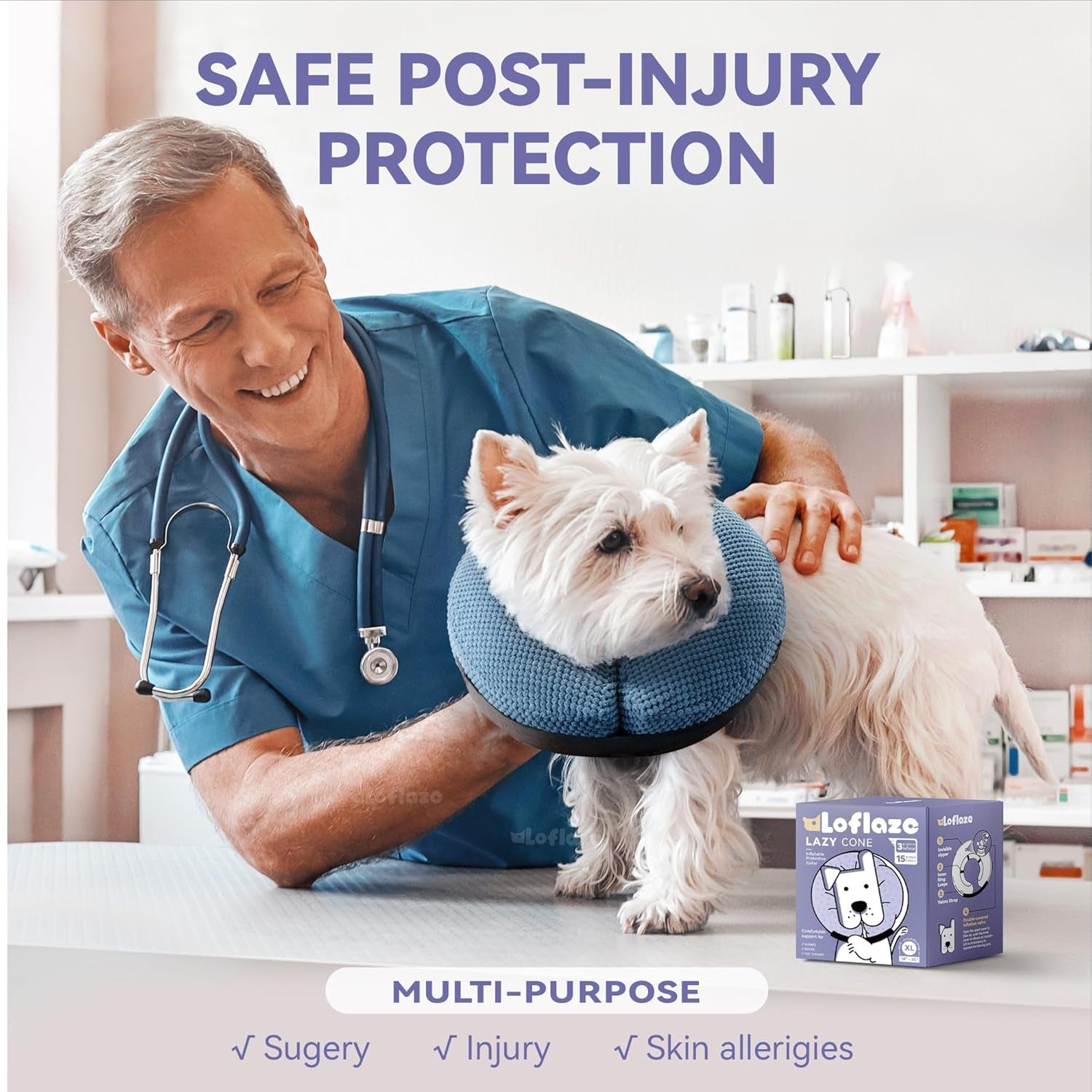 Loflaze Inflatable Dog Cone Collar - Dog Neck Donut Cone Collar Alternative after Surgery - Soft Cone for Large Medium Small Dogs Cats - Alternative Recovery E Collar (Blue, M)