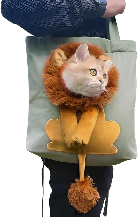 Lion-Shaped Cat Canvas Carrier Shoulder Bag Cute Lion Head Pet Tote Bag Cat Small Dog Carrying Bag Soft-Sided Puppy Kitten Sling Carrier Portable Travel Pet Handbag for Small Pets